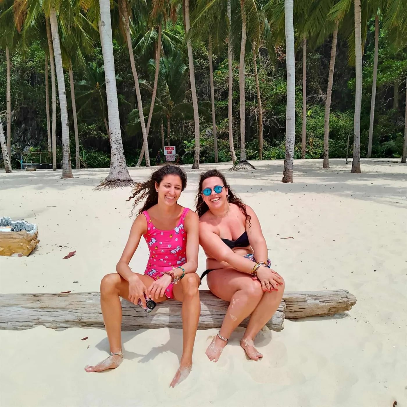 Guests on a palm-lined beach